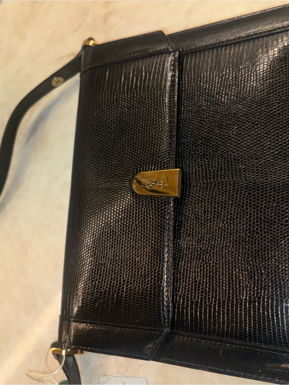 Saint Laurent Black Lizard-Embossed Leather Messenger Bag with Gold Logo Clasp